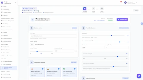 Mission Configuration Screen - Setup interface showing business context inputs, model configuration settings, optimization objectives selection (waste reduction, stockout prevention, cost optimization), and 6-phase agent architecture overview.