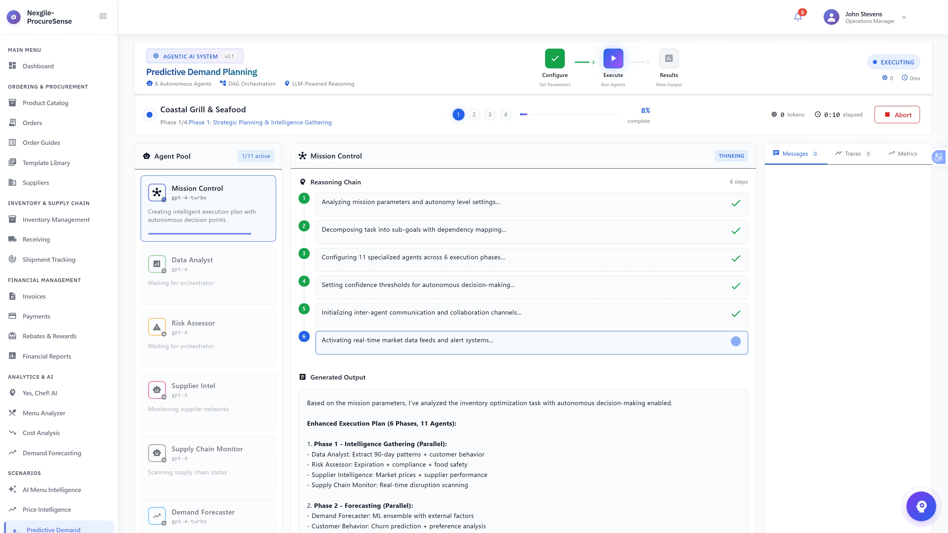 Live Mission Execution - Real-time orchestration at Phase 1 (8% complete) for Coastal Grill & Seafood with Mission Control agent coordinating workflow and reasoning chain showing 6 completed steps including mission analysis and agent configuration.
