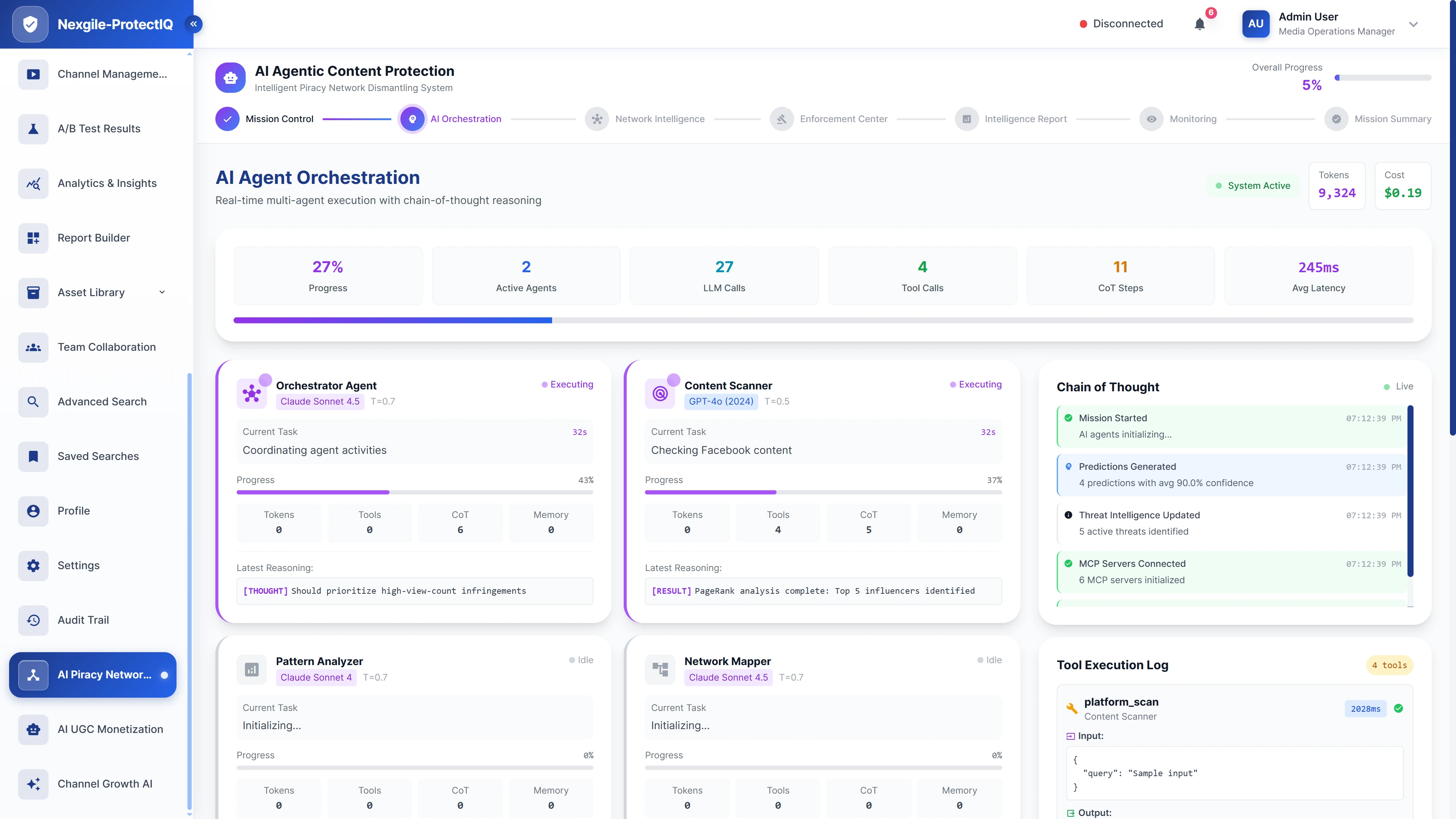 Real-time AI agent orchestration dashboard showing multi-agent execution, chain-of-thought reasoning, and tool execution logs