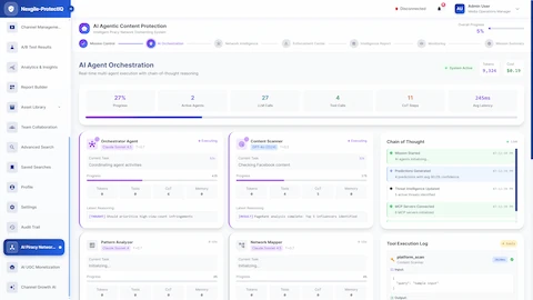 Real-time AI agent orchestration dashboard showing multi-agent execution, chain-of-thought reasoning, and tool execution logs