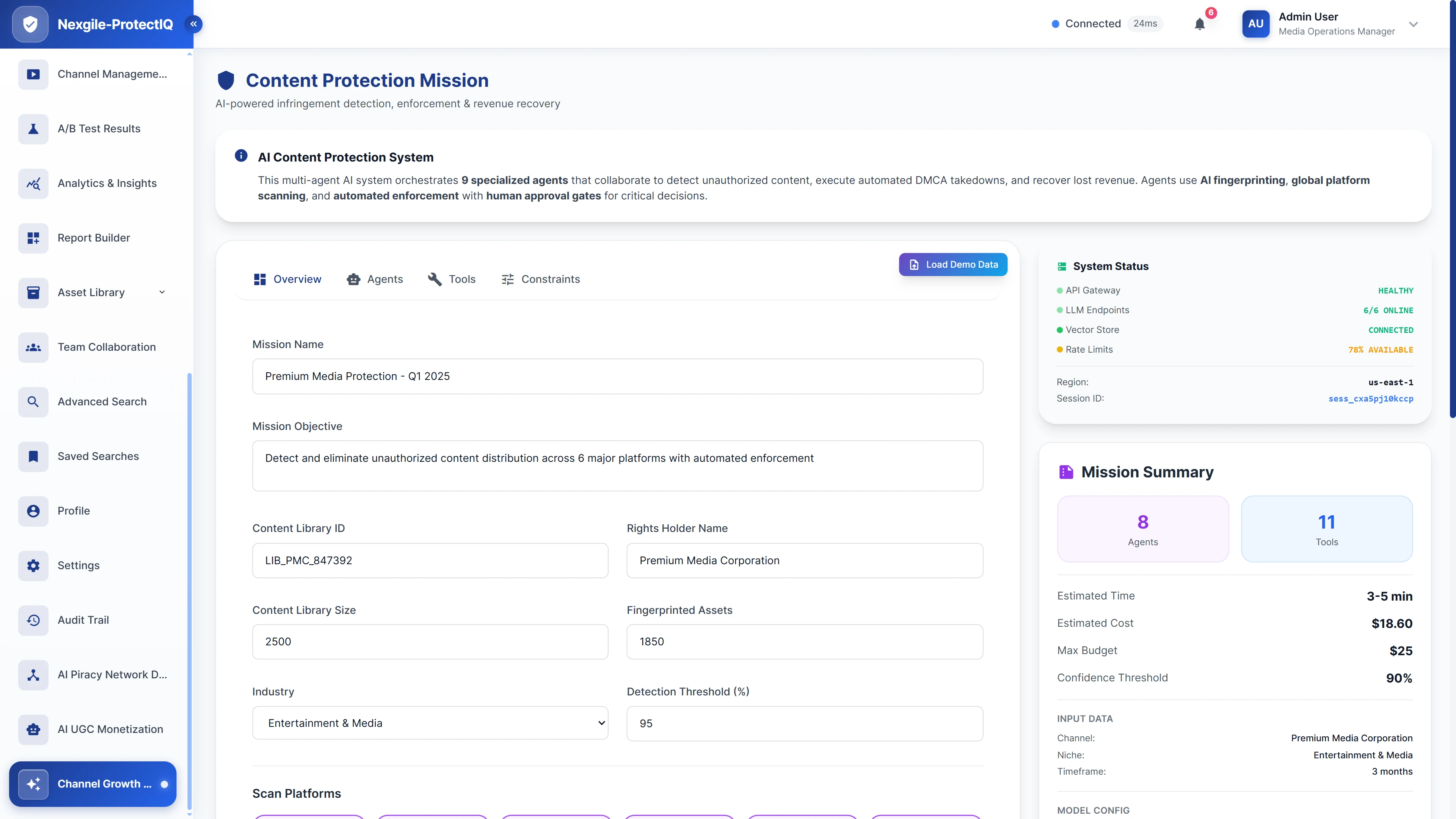Content protection mission configuration interface with system setup, content library parameters, and multi-agent system overview