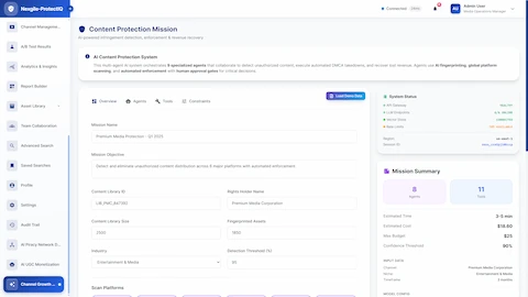 Content protection mission configuration interface with system setup, content library parameters, and multi-agent system overview