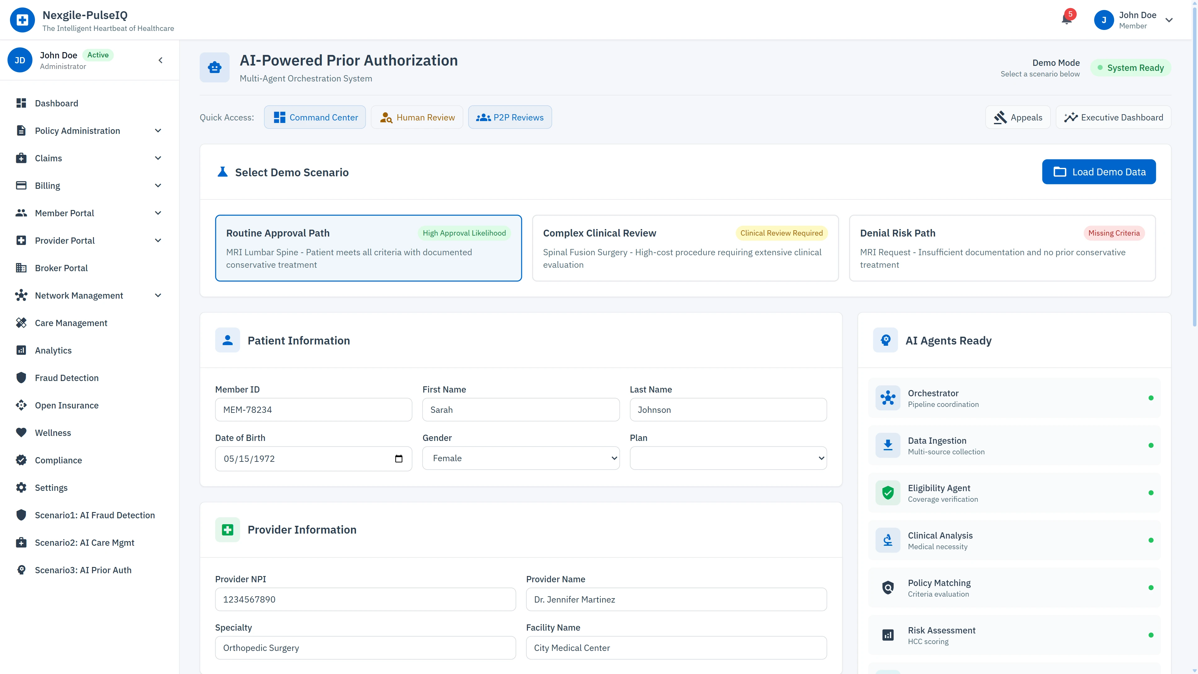 Demo Scenario Selection - Choose from pre-configured authorization scenarios including routine approvals, complex clinical reviews, and denial risk cases