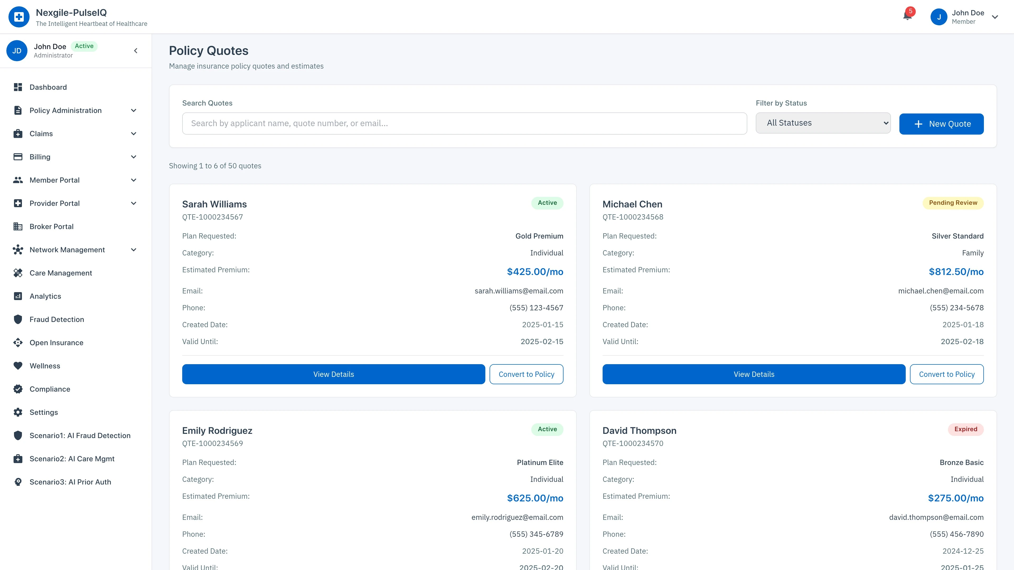 Policy Admin - Quotes Page