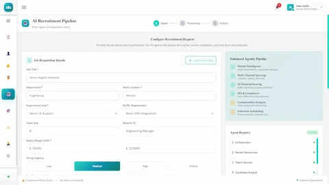 Job Requisition Configuration - Job details, salary range, hiring urgency, and enhanced agentic pipeline with agent registry
