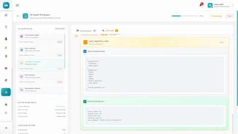 AI Agent Workspace - Agent panel with tool calls, regulatory rules execution, and real-time compliance analysis