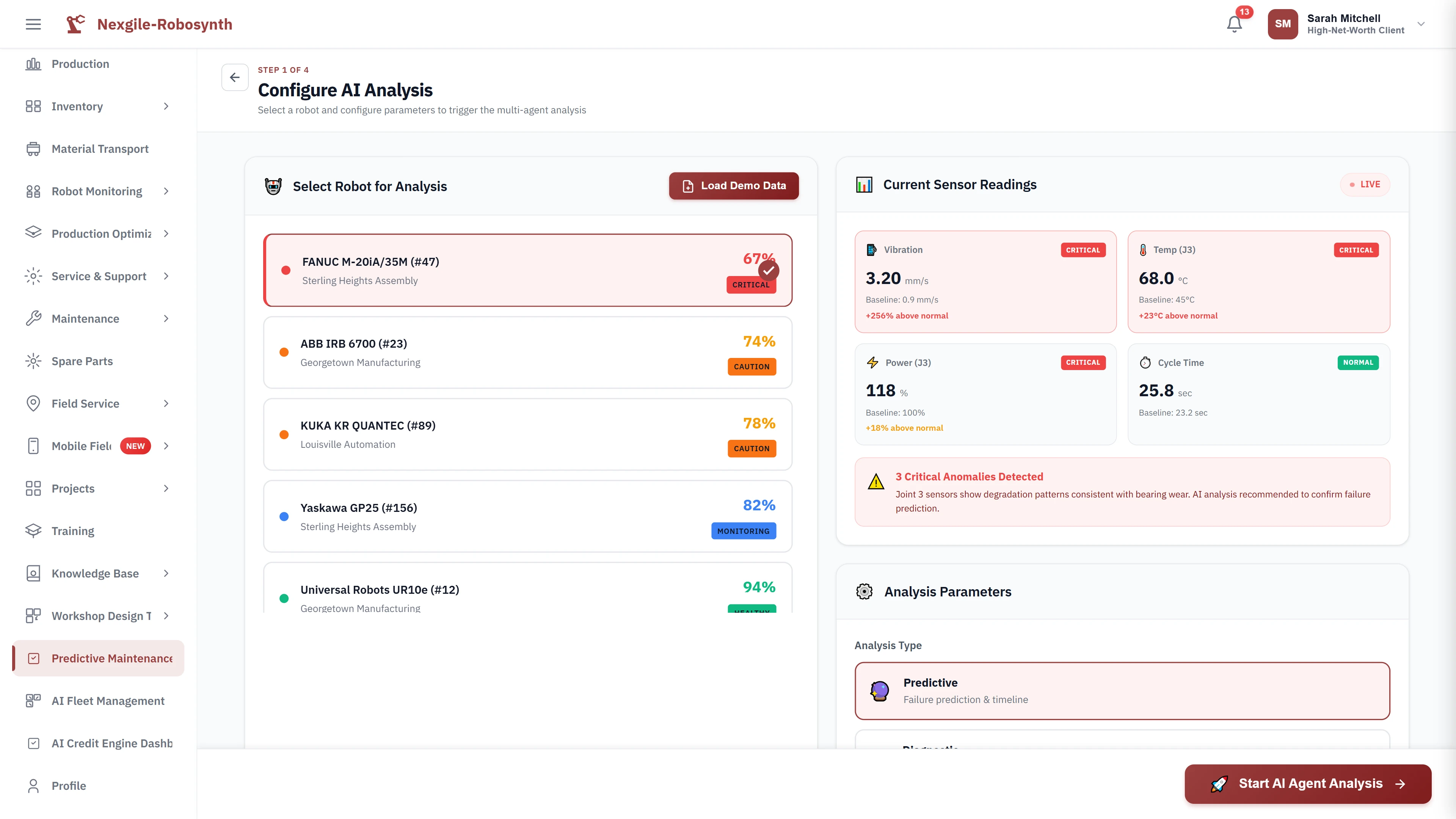 Robot selection and configuration interface with live sensor readings showing critical anomalies in vibration, temperature, and power consumption