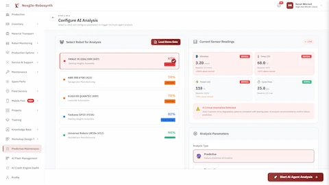 Robot selection and configuration interface with live sensor readings showing critical anomalies in vibration, temperature, and power consumption