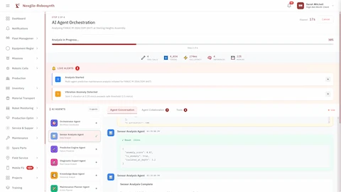 Multi-agent orchestration dashboard tracking real-time analysis progress with six specialized AI agents collaborating on predictive maintenance