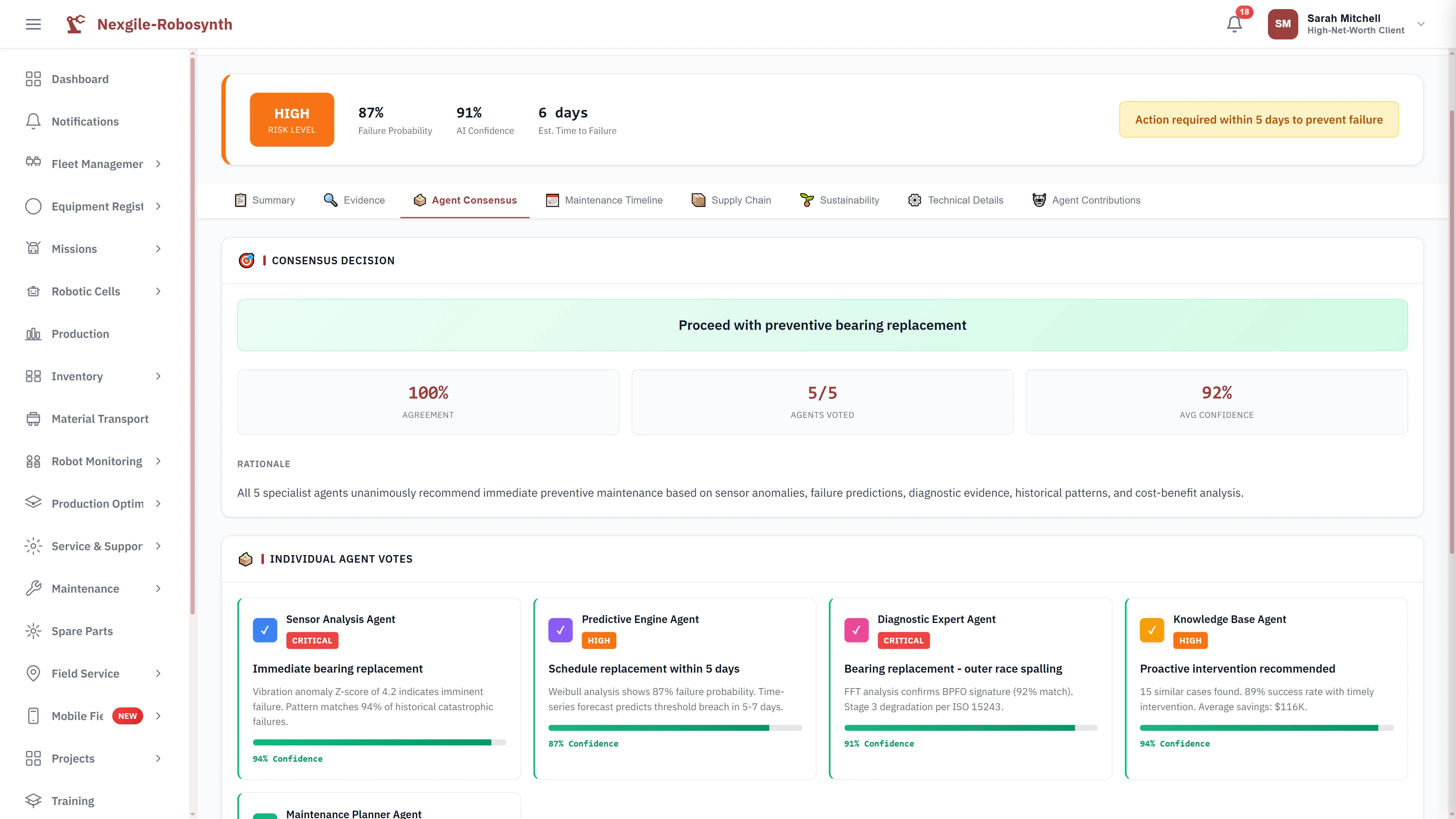Agent consensus view displaying unanimous agreement among all specialist agents for immediate preventive bearing replacement