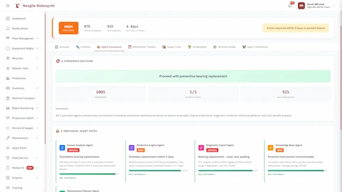 Agent consensus view displaying unanimous agreement among all specialist agents for immediate preventive bearing replacement