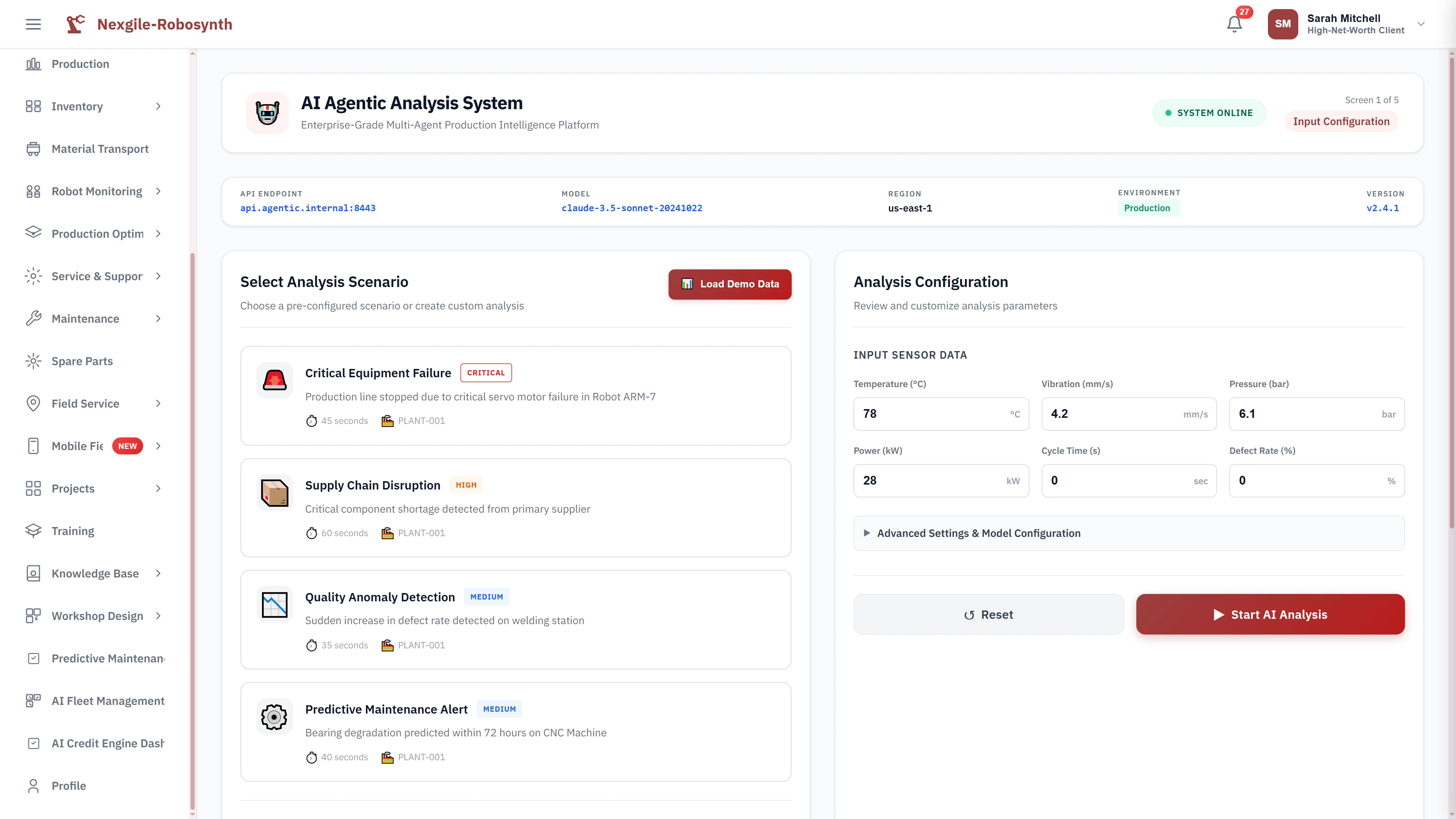 Crisis scenario selection interface with pre-configured scenarios and sensor data configuration for comprehensive multi-agent production analysis