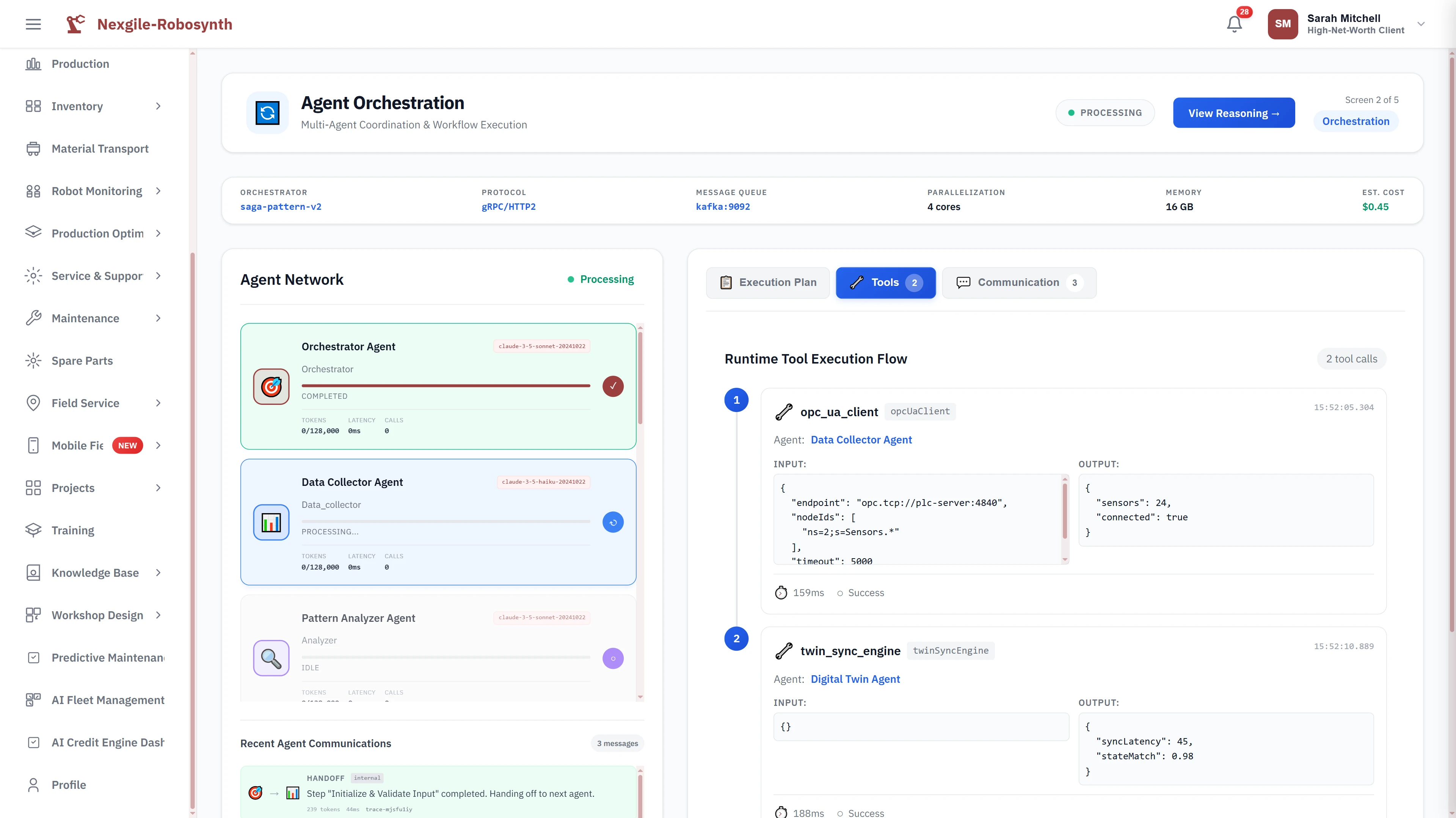 Agent orchestration workflow displaying real-time tool execution flow with OPC-UA data collection and digital twin synchronization