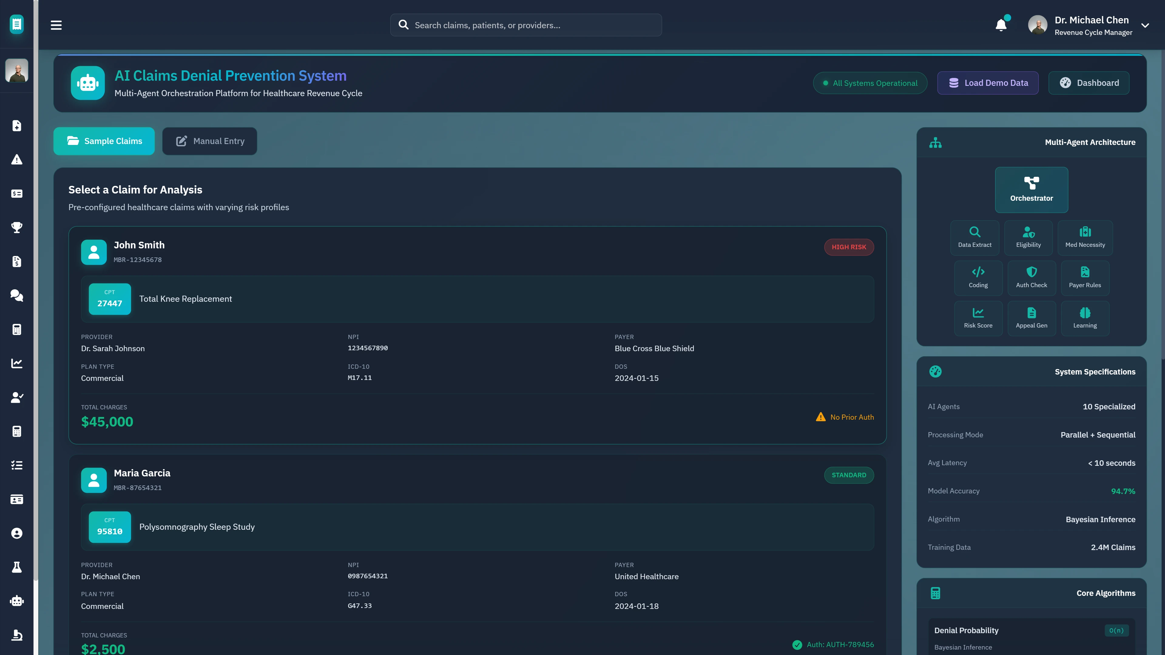 Claim Selection Interface - Pre-configured healthcare claims with risk profiles and denial probability scoring