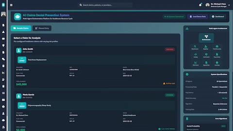 Claim Selection Interface - Pre-configured healthcare claims with risk profiles and denial probability scoring