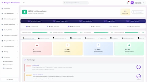 Risk Intelligence Report - Executive dashboard with health score, detected risks, cost/schedule impact, and key findings with confidence scores.