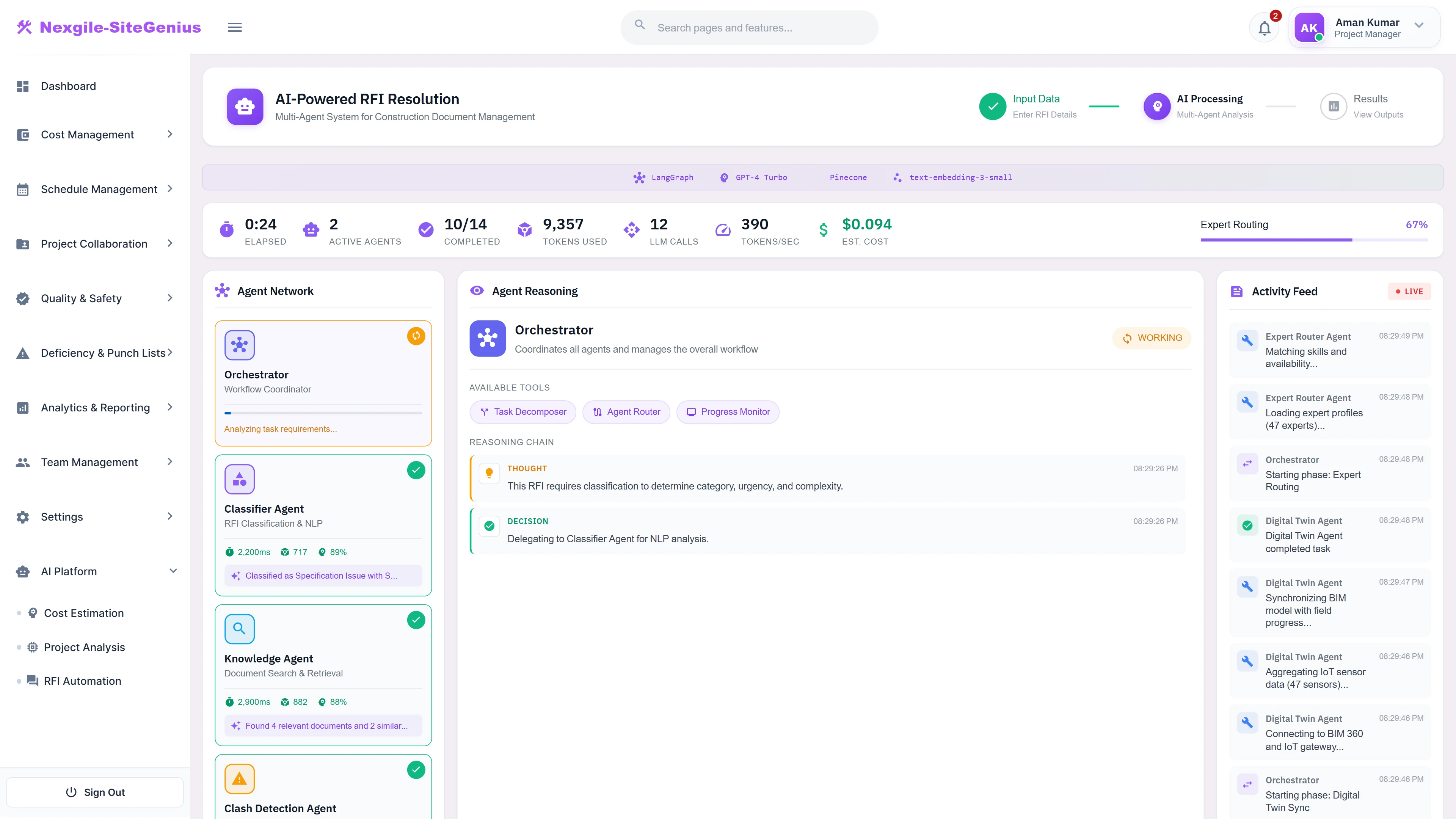 Multi-Agent Processing - Live orchestration view showing agent reasoning, classification results, and real-time activity feed with cost tracking.