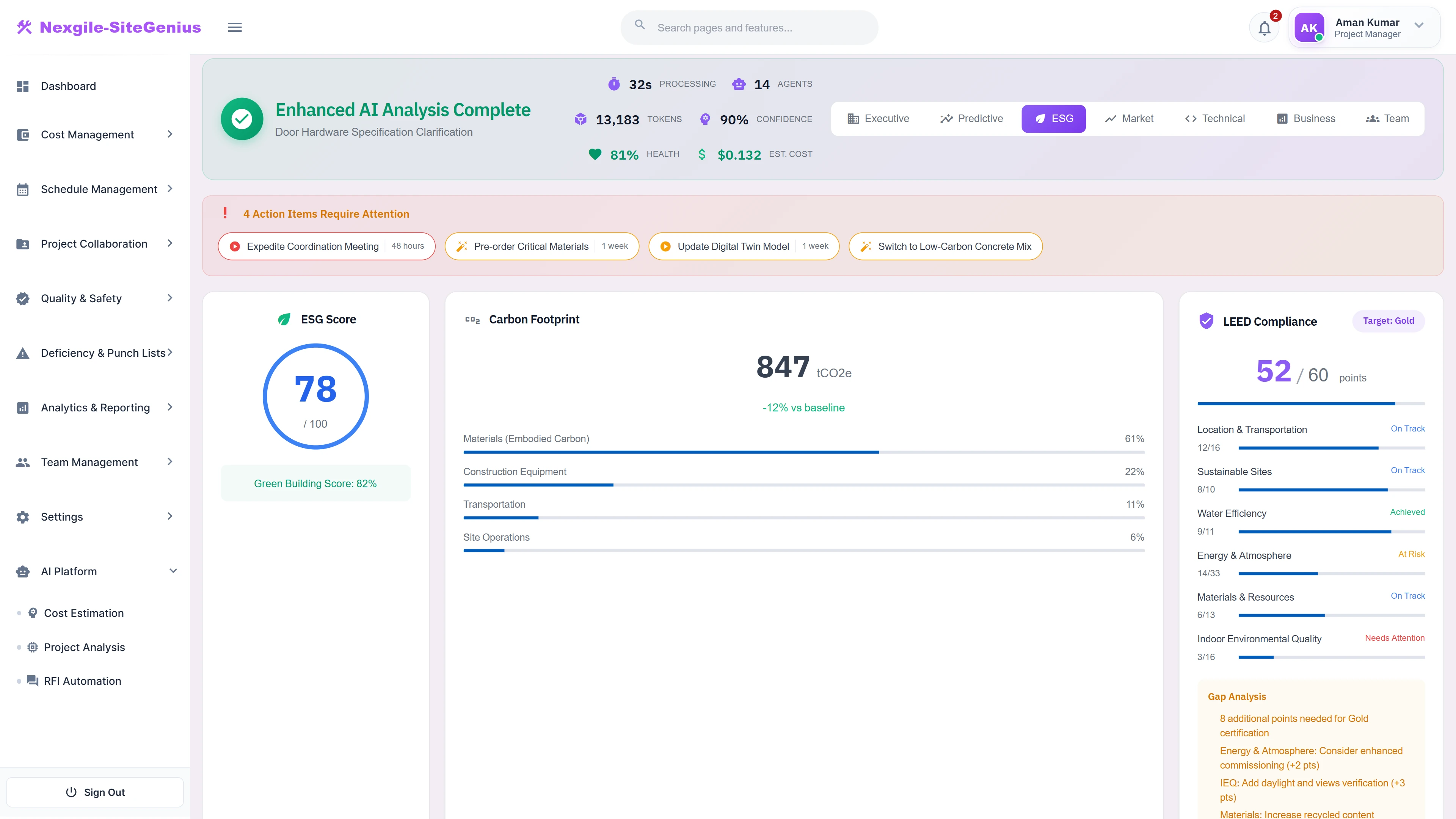 ESG & Sustainability View - Carbon footprint analysis, LEED compliance tracking toward Gold certification, and gap analysis recommendations.