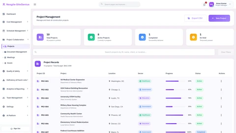 Projects Page - Centralized project portfolio view with real-time status and metrics
