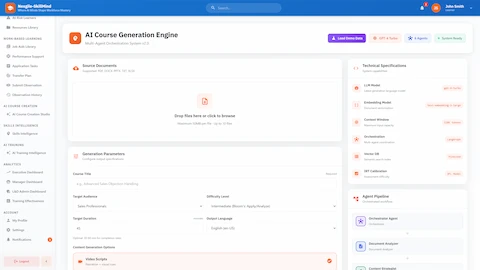 Course Generation Setup - Document upload interface with generation parameters, target audience settings, and agent pipeline configuration