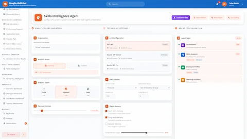 Analysis Configuration - Organization scope, analysis depth settings, LLM model selection, RAG pipeline configuration, and 10-agent team overview