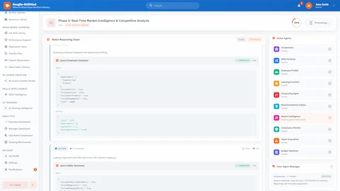 ReAct Reasoning Chain - Real-time market intelligence phase showing agent tool calls, database queries, and inter-agent message coordination