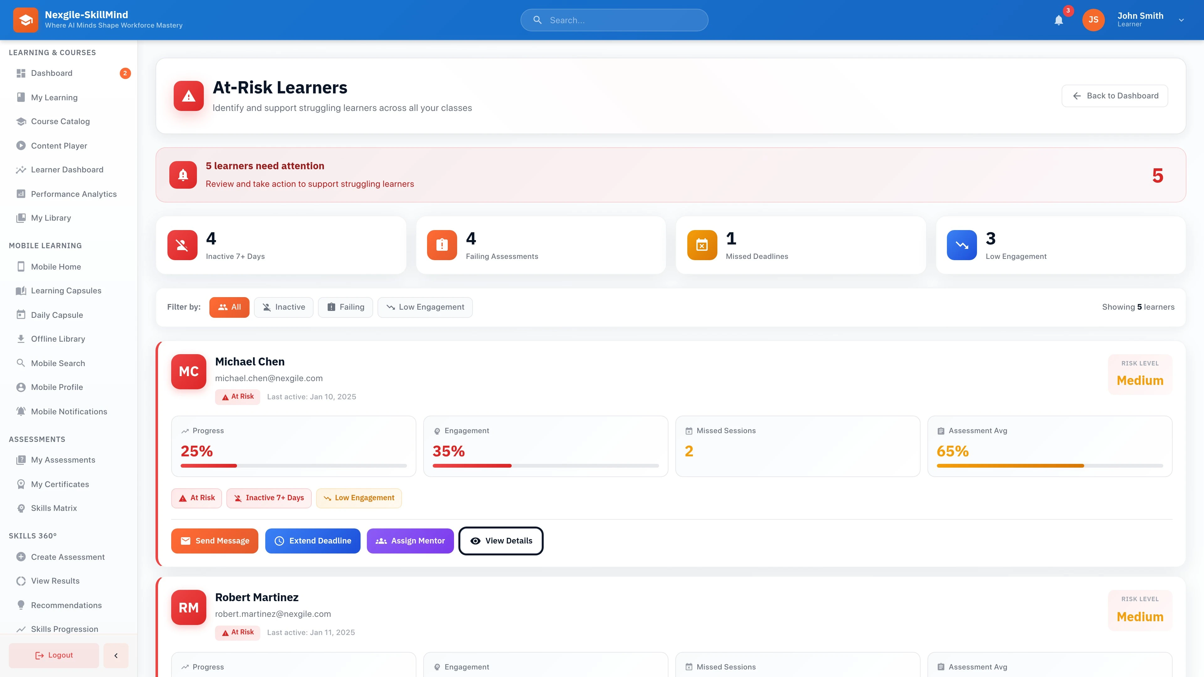 Trainer At-Risk Learner Dashboard - Real-time identification and intervention management interface