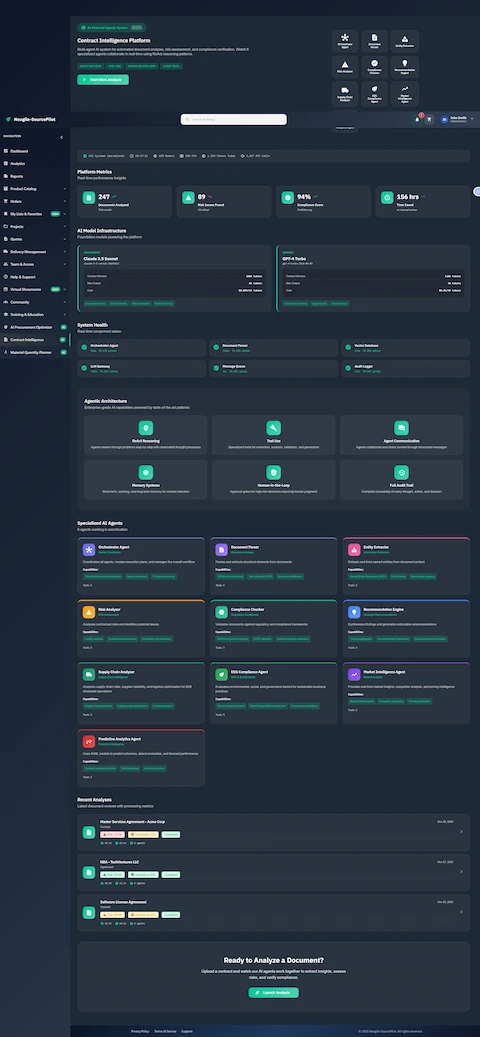 Contract Intelligence Platform dashboard with system metrics, AI model infrastructure, and specialized agent overview