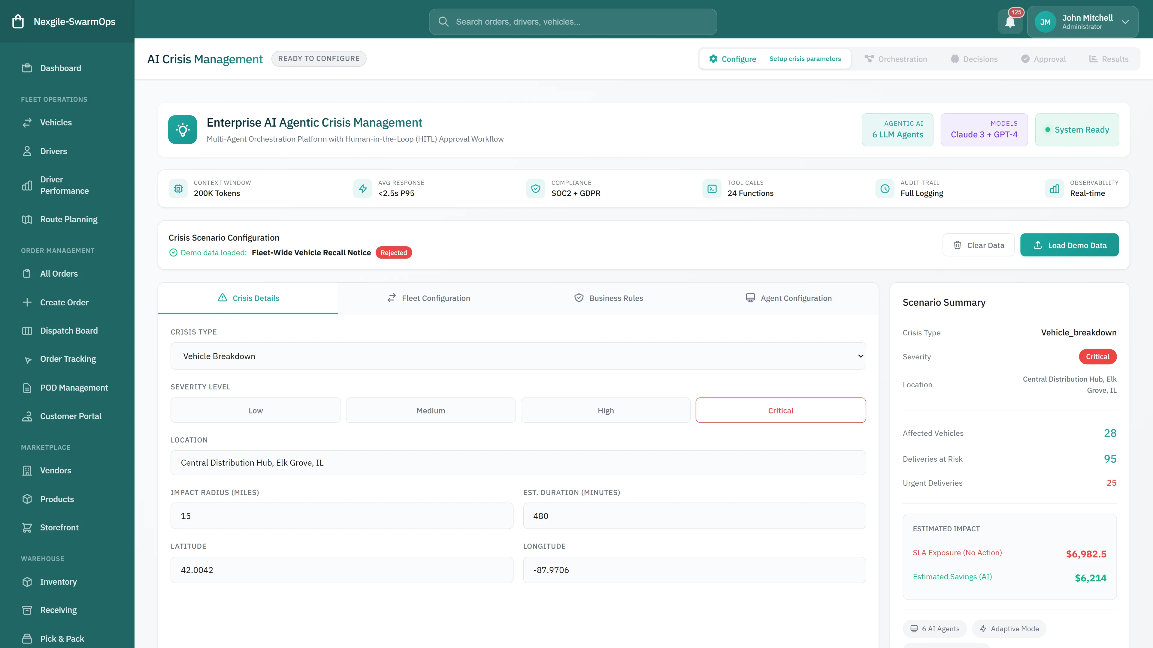 AI Crisis Management Configuration - Crisis scenario setup with severity levels, location parameters, and real-time scenario summary