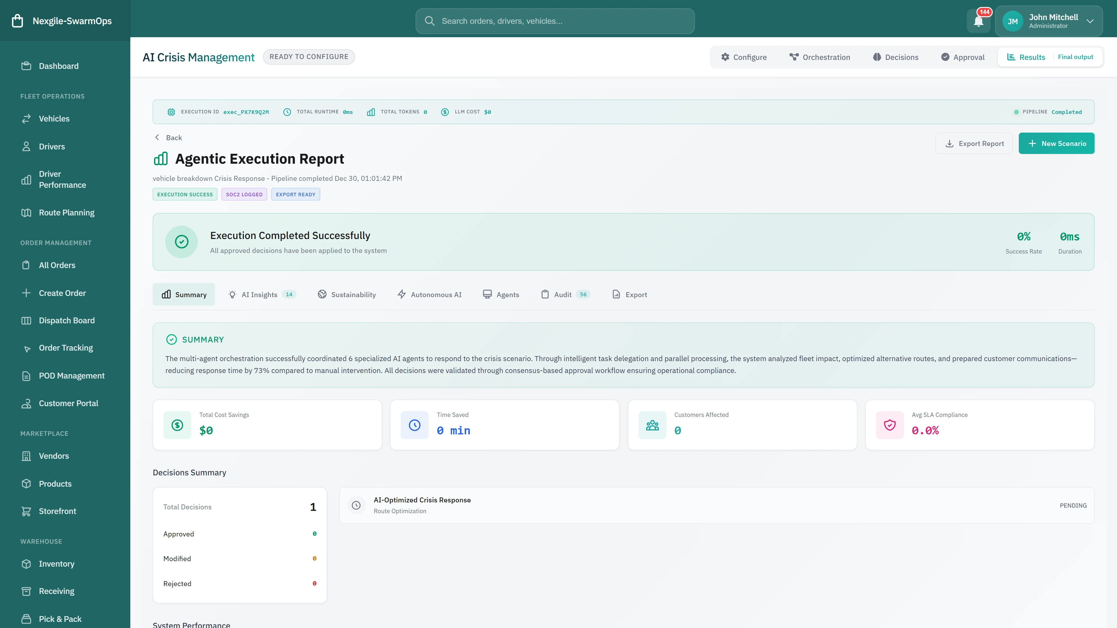 Agentic Execution Report - Execution summary with decisions breakdown, cost savings metrics, and SLA compliance tracking