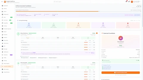 AI-Recommended Candidates - Weighted scoring breakdown, ranked profiles with skill scores, and match explanations
