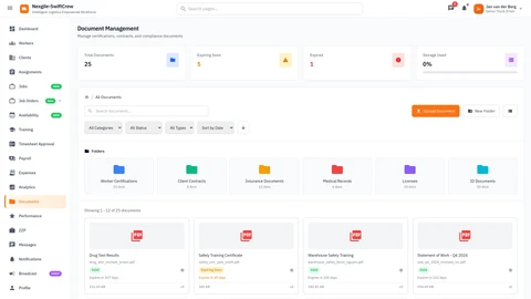 Documents page - Document management and compliance tracking interface