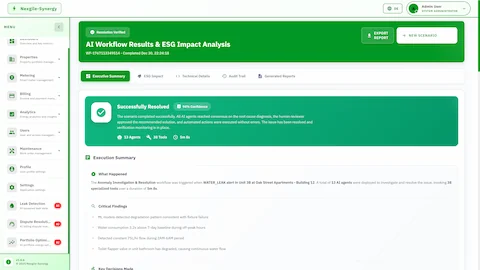 AI Workflow Results and ESG Impact Analysis showing successful resolution with 13 agents, 38 tools executed in 5 minutes, critical findings, and execution summary.