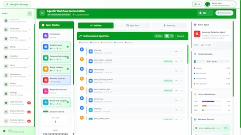 Agentic Workflow Orchestration view displaying agent pipeline status, 30-step tool invocation flow, active Anomaly Detector agent with context window usage and latency breakdown.