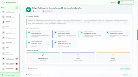 Bill Verified Accurate outcome with 96% confidence showing weather impact explanation, key agent decisions from all validators, and expected impact metrics including tenant satisfaction.