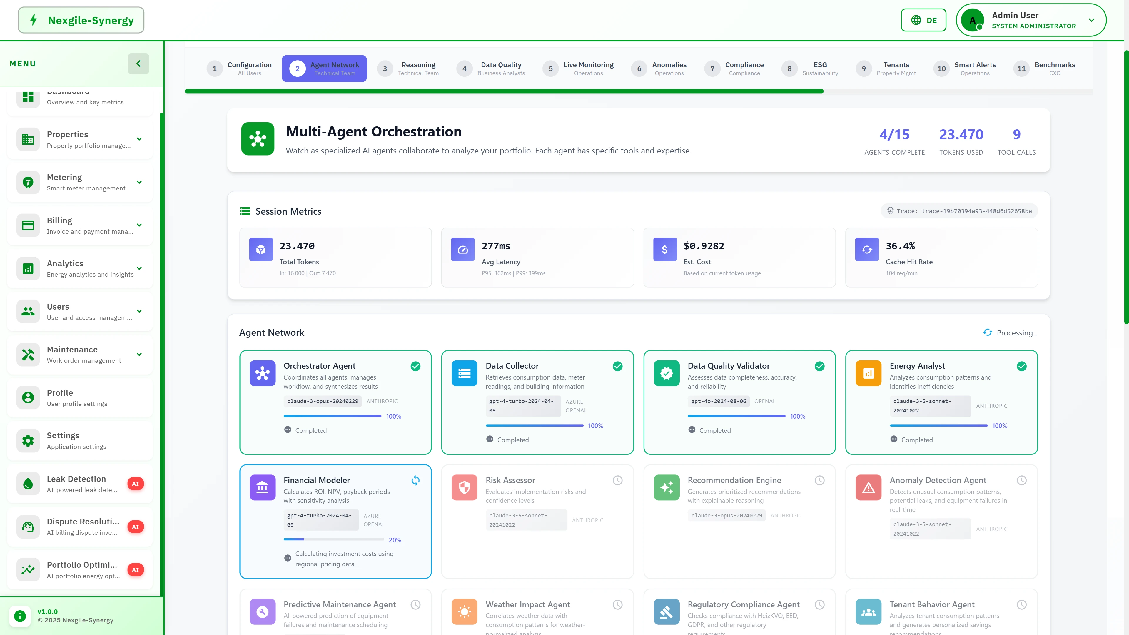 Multi-Agent Orchestration view displaying 15-agent network with session metrics, real-time agent status cards showing completion progress, token usage, and cost tracking.