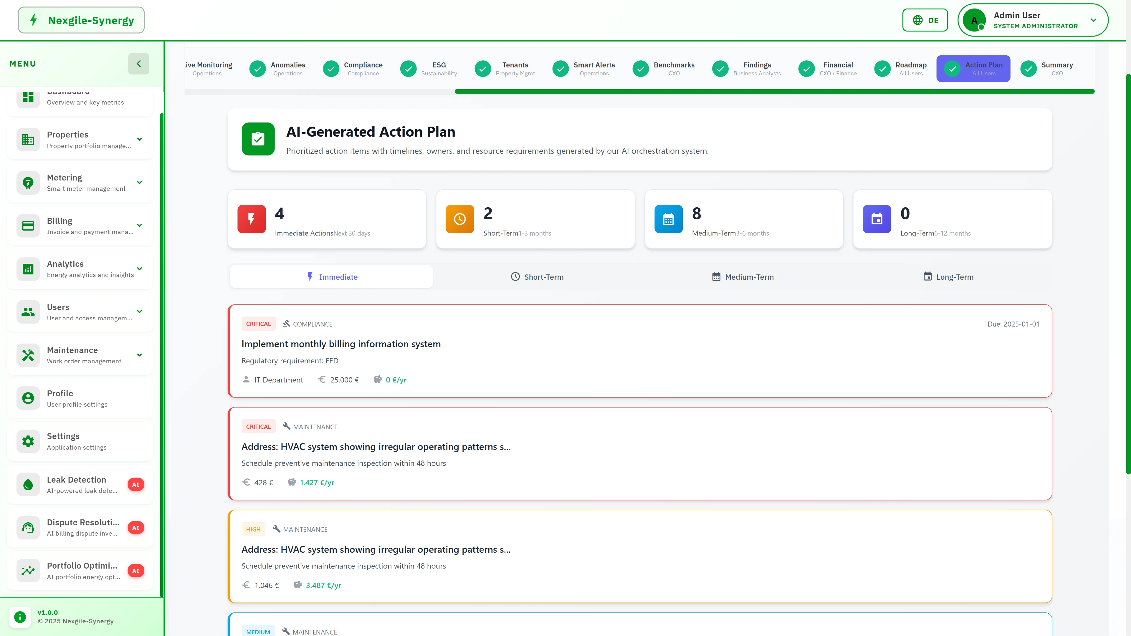 AI-Generated Action Plan showing prioritized recommendations across immediate, short-term, and medium-term timeframes with compliance and maintenance items including cost and savings estimates.