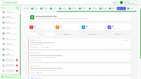 AI-Generated Action Plan showing prioritized recommendations across immediate, short-term, and medium-term timeframes with compliance and maintenance items including cost and savings estimates.