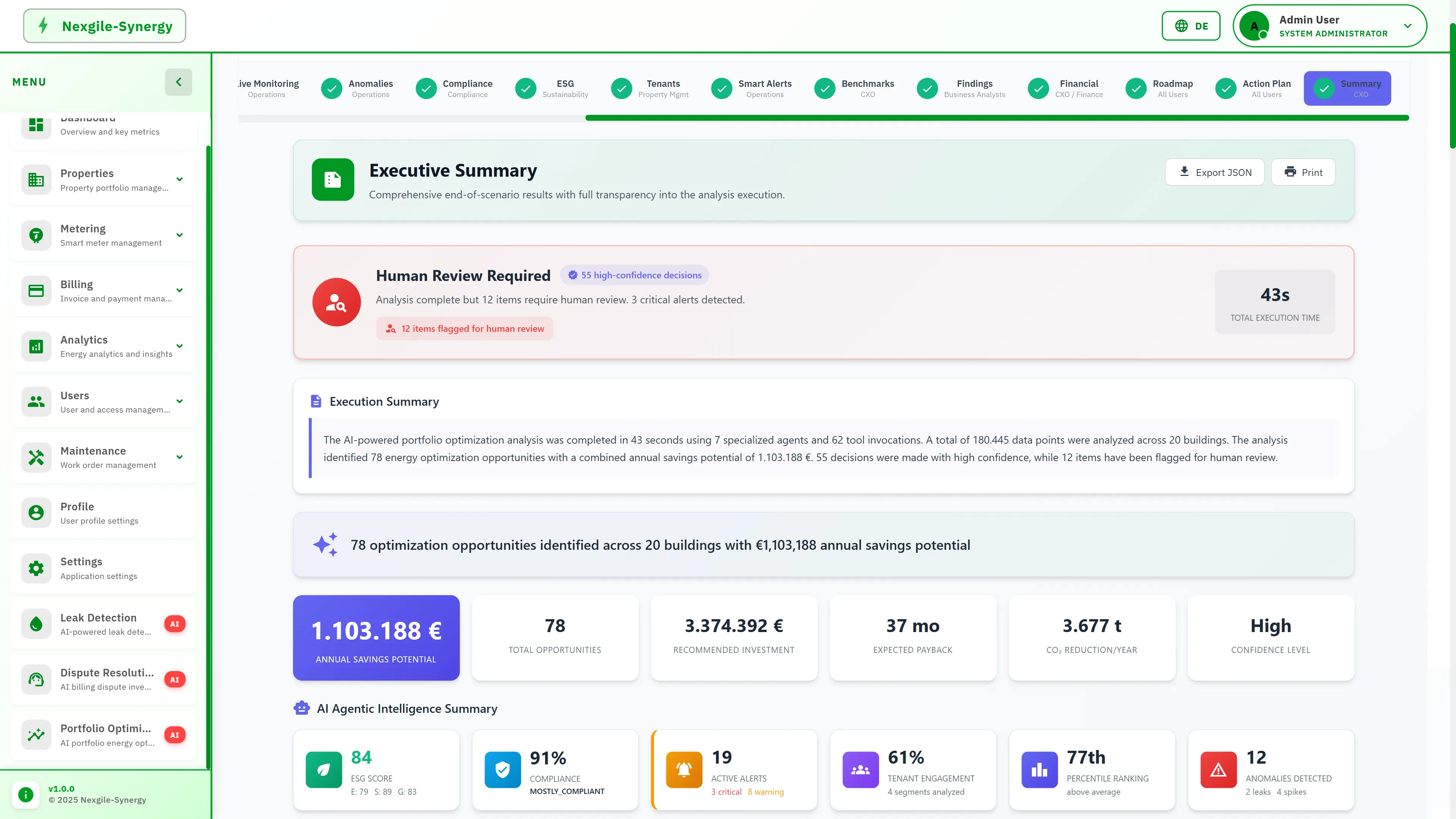 Executive Summary presenting comprehensive analysis results with €1.1M annual savings potential, 78 optimization opportunities, 3.67t CO2 reduction, ESG score, and tenant engagement metrics.