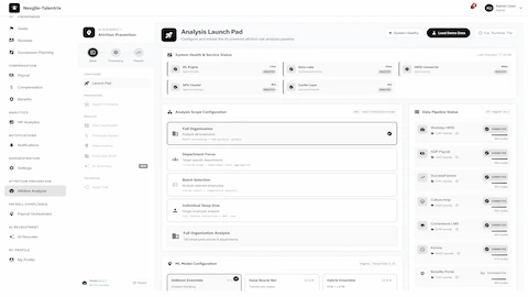 Analysis Launch Pad - Configure attrition risk analysis with ML model selection, analysis scope options, and real-time data pipeline status monitoring