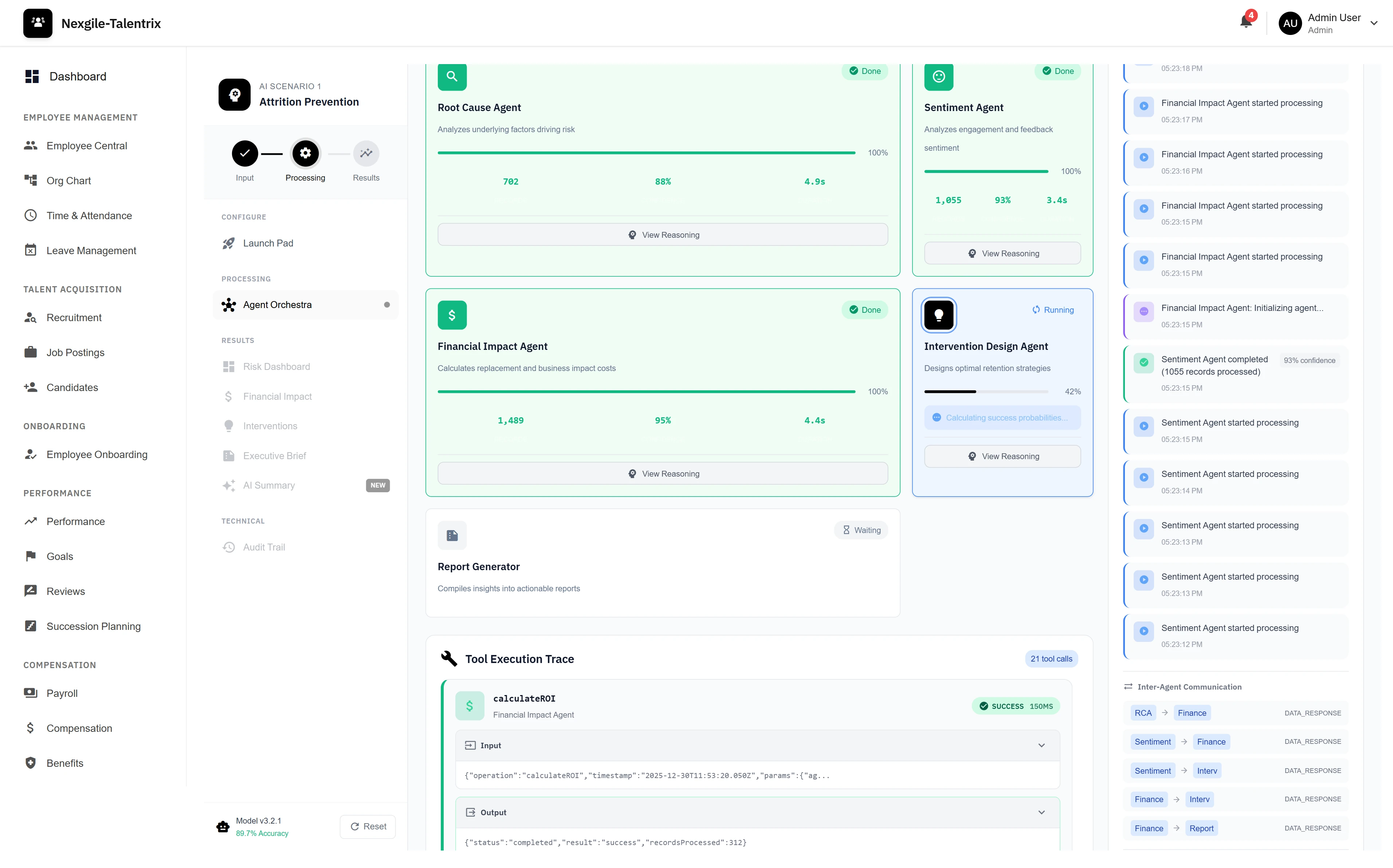 Agent Orchestration Dashboard - Multi-agent collaboration showing Root Cause, Sentiment, Financial Impact, and Intervention Design agents with real-time execution trace
