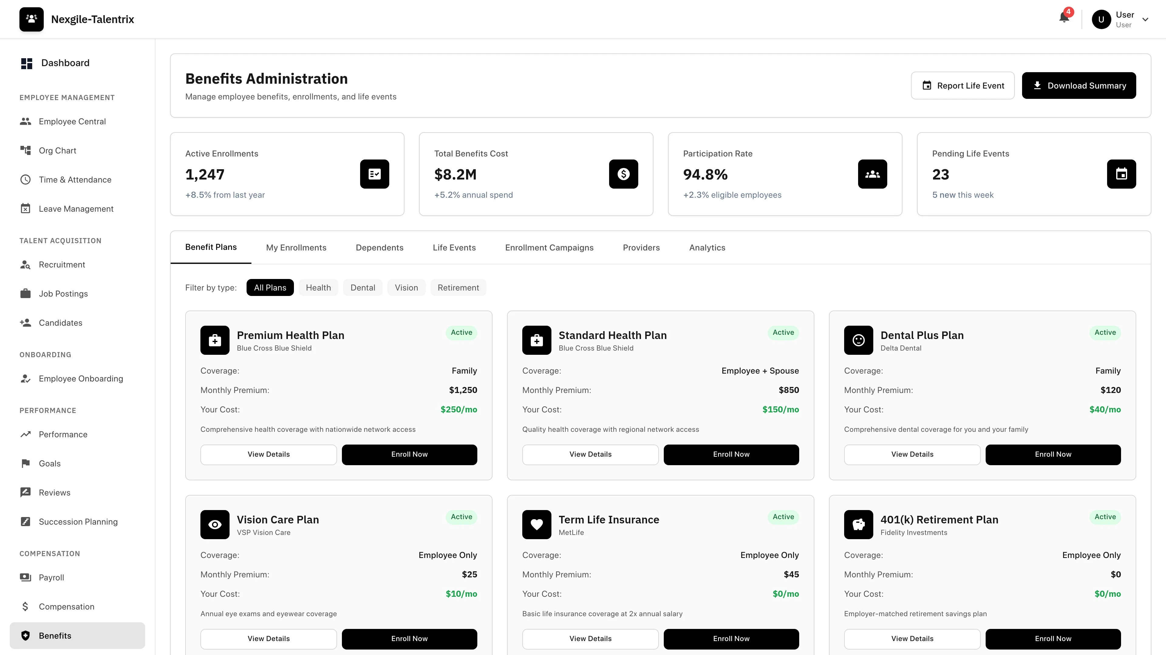 Benefits page of Nexgile-Talentrix Hub