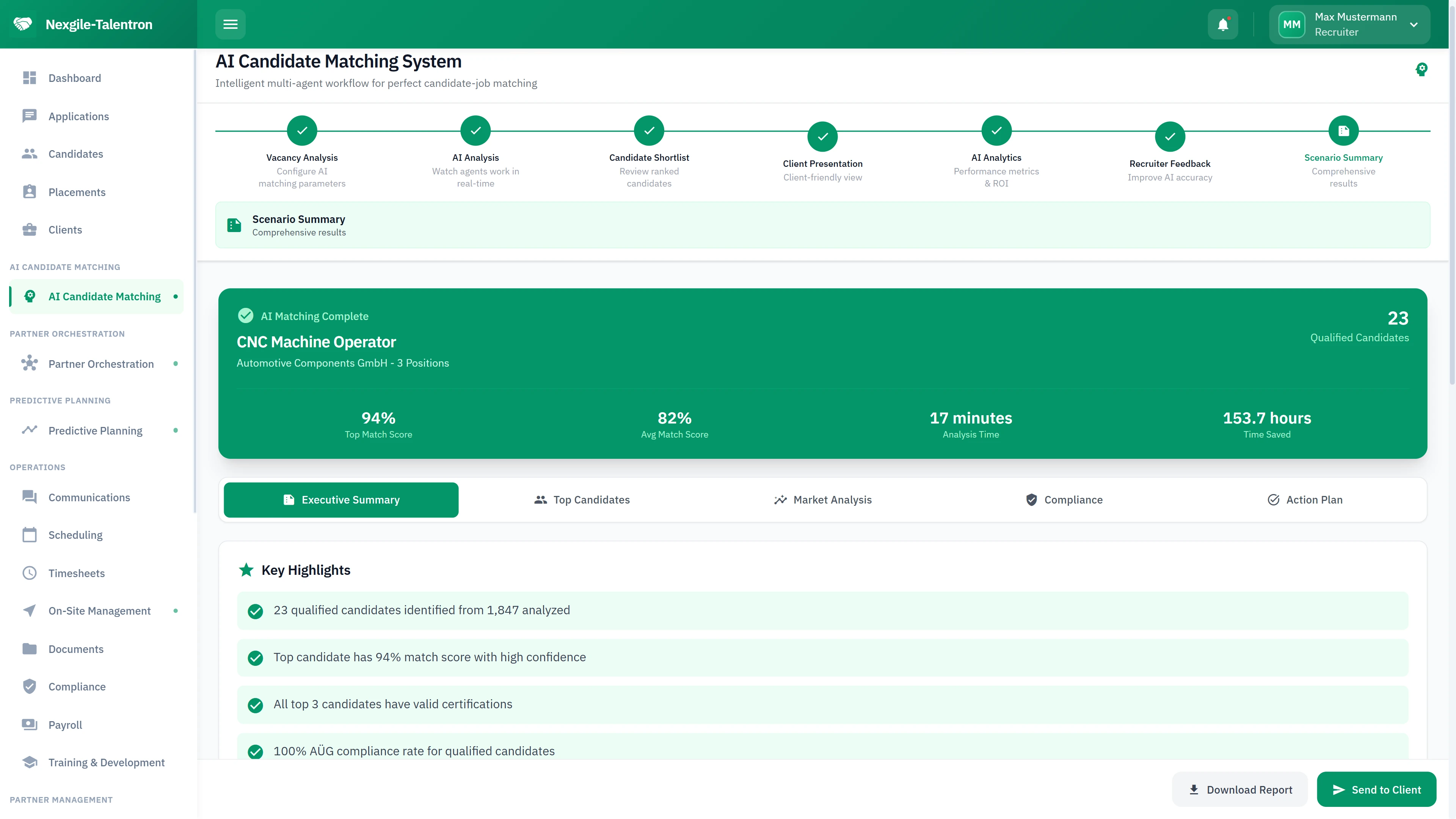 Scenario Summary - CNC Machine Operator matching results with key highlights and qualified candidates