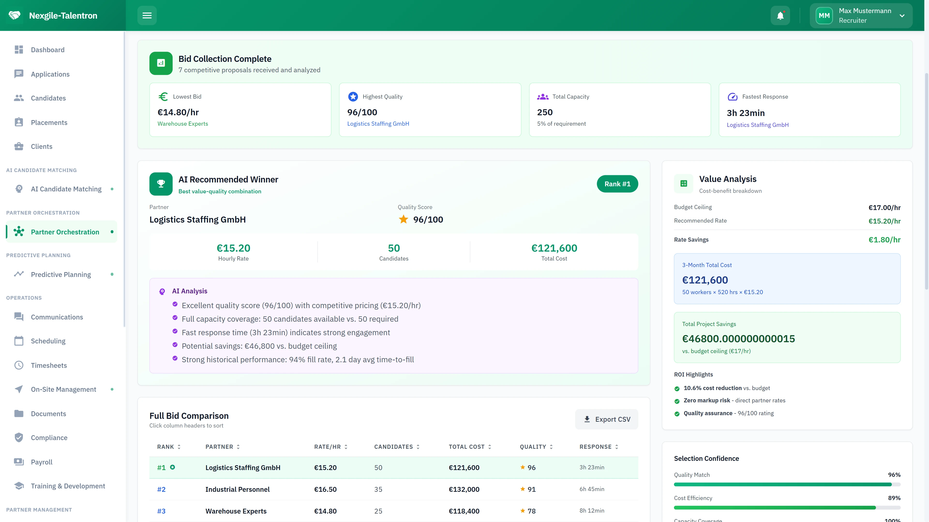 Bid Collection Complete - AI recommended winner with value analysis and full bid comparison table