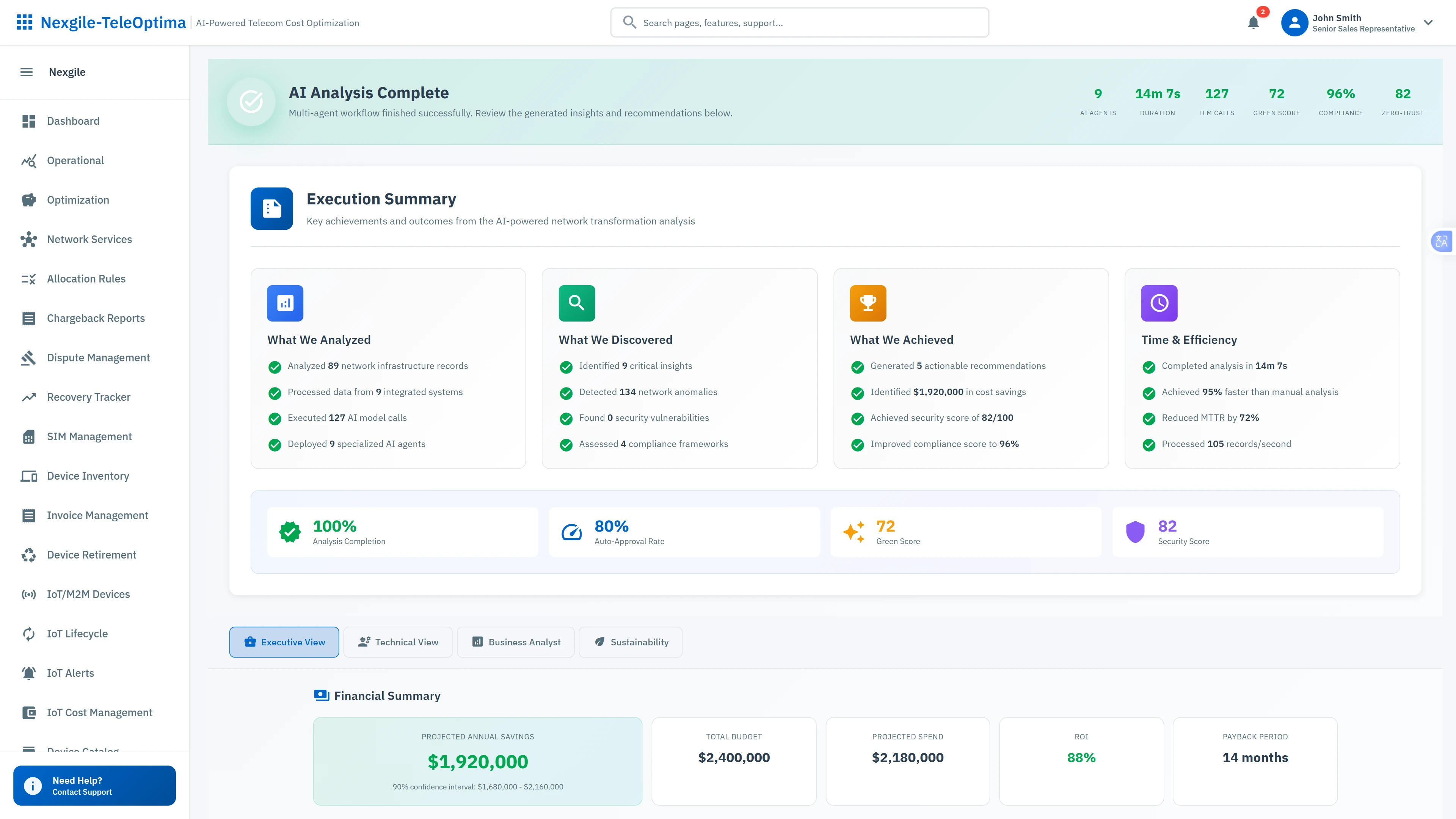 Execution Summary - Comprehensive analysis results with identified savings, compliance scores, and actionable recommendations