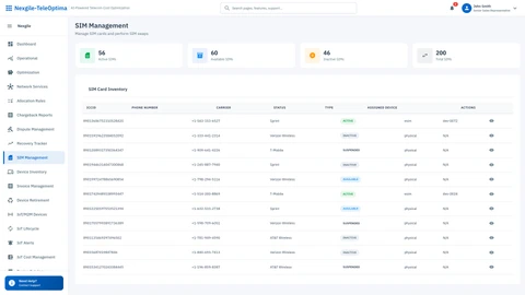 SIMs Management Interface - Comprehensive SIM card lifecycle and subscription management