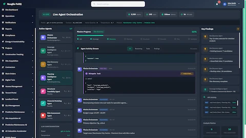 Live Agent Orchestration dashboard with real-time progress tracking, activity stream, and multi-agent collaboration monitoring