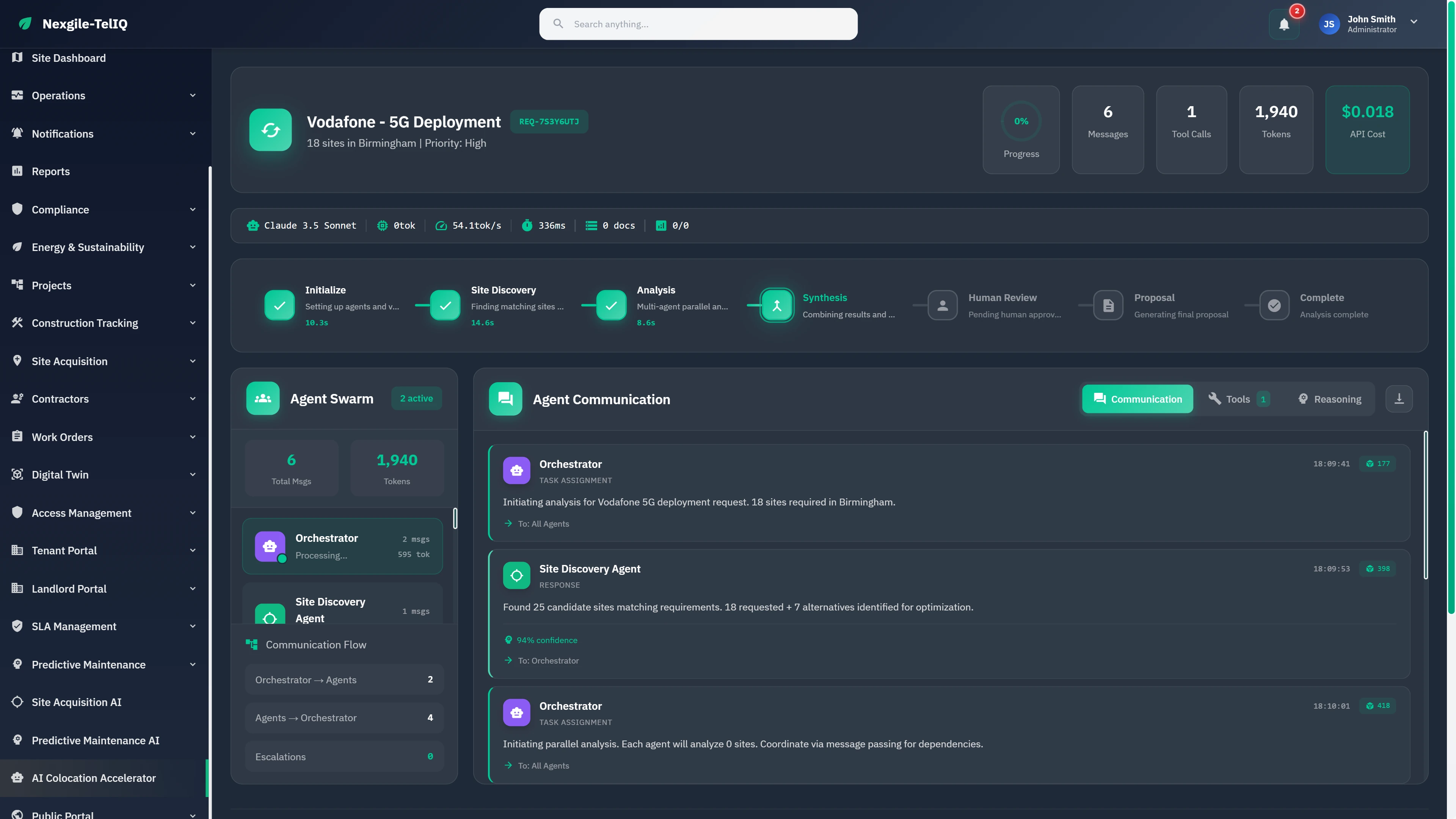 Live workflow orchestration showing agent swarm coordination, communication flow, and real-time multi-phase analysis progress