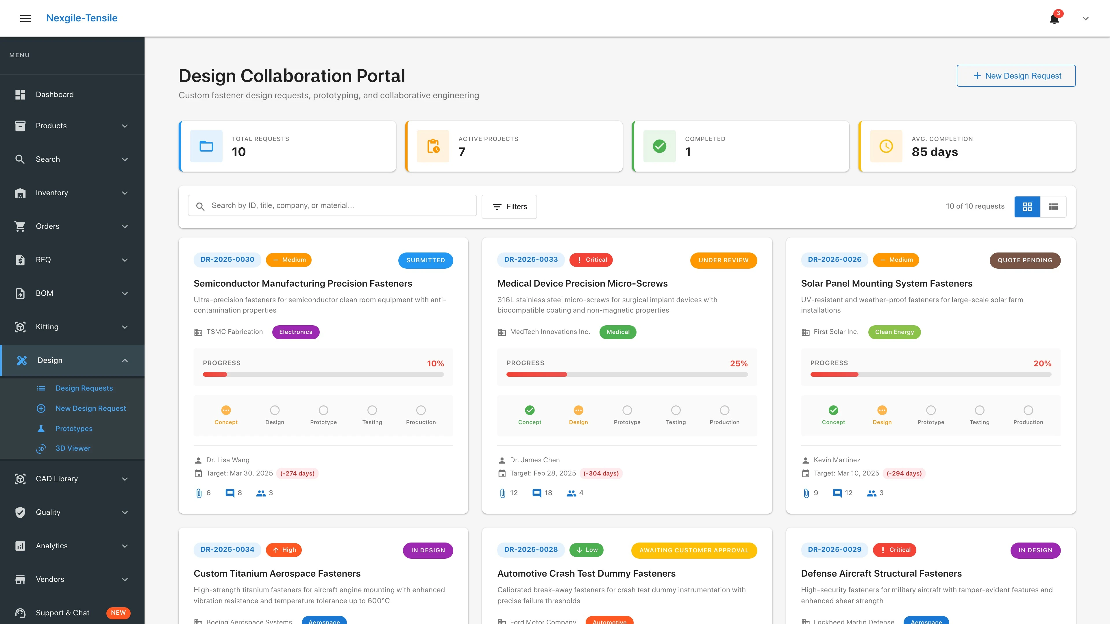 Design Requests page - Interface for managing custom fastener design requests
