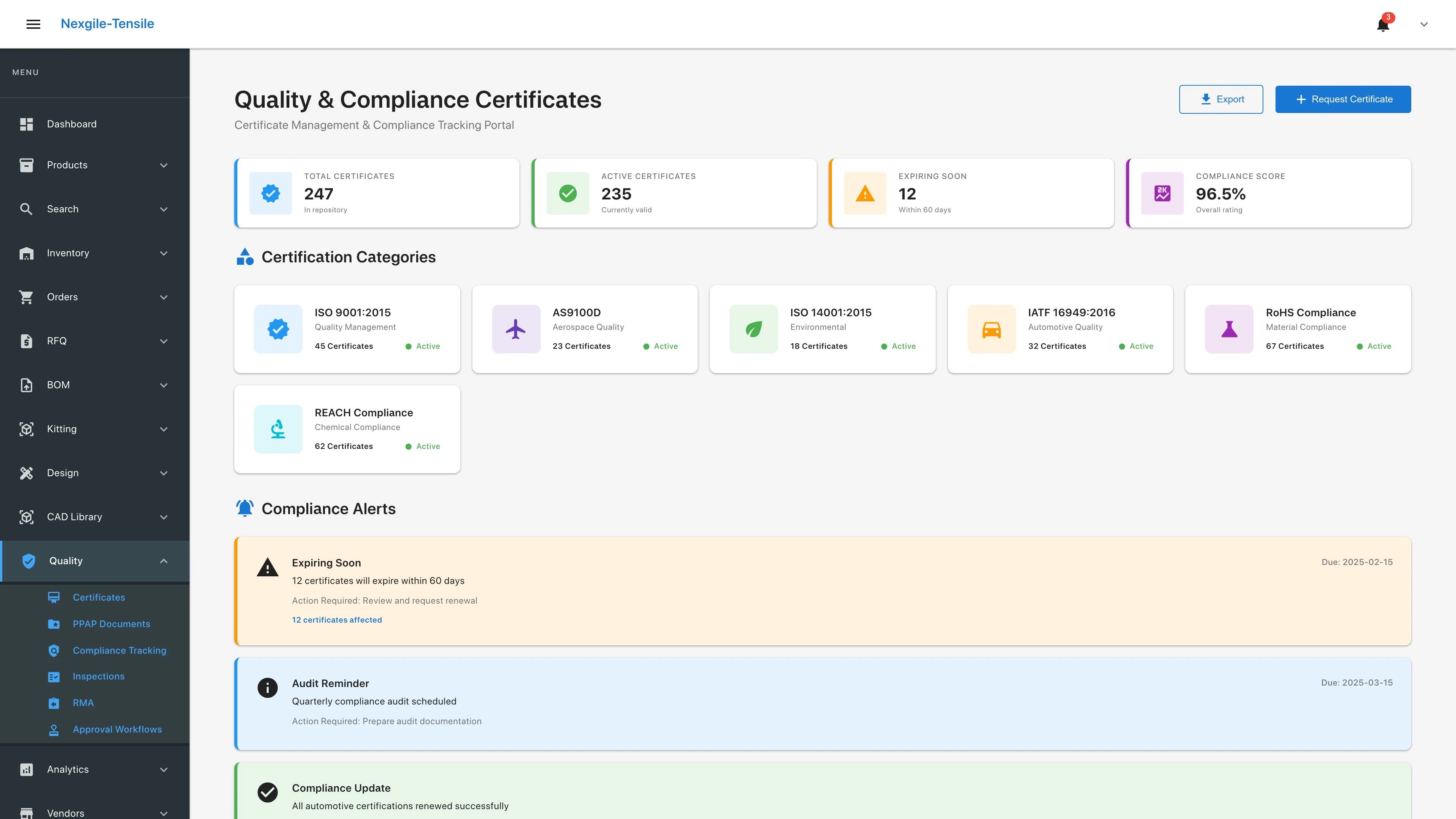 Quality Certificates page - Certificate repository and compliance documentation management
